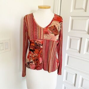 Lynn Ritchie Red Mixed Print Top Long Sleeve V-Neck Silk Blend Shirt Size Medium